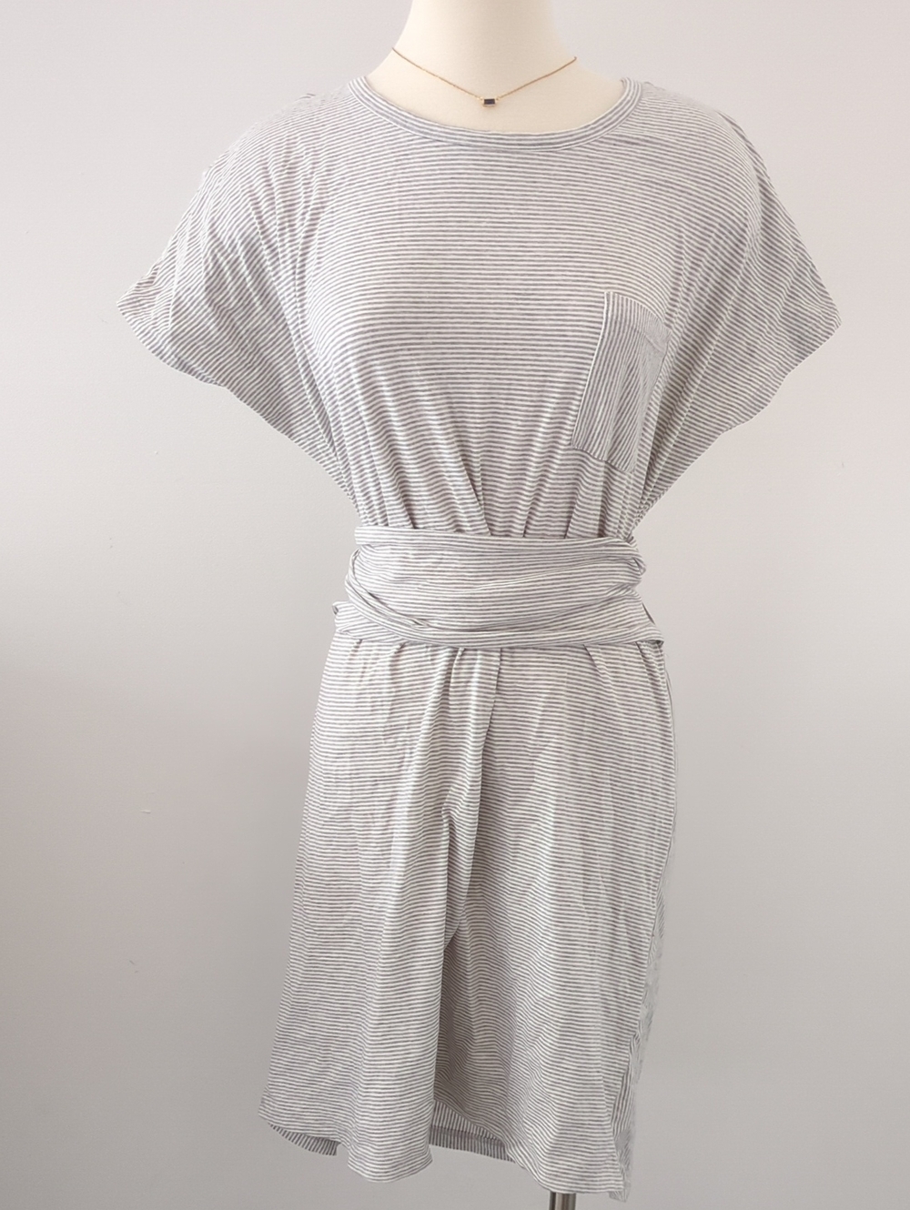 Gray and White Striped Tee Dress With Tie Waist And Back Cutout - Coastal - Picture 1 of 11